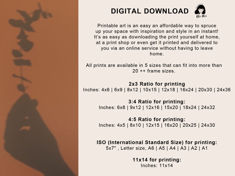 K&ouml;nnte beinhalten: Informationen zum digitalen Download von Kunstdrucken. Text auf cremefarbenem Hintergrund mit dem Schatten einer Hand, die eine Pflanze h&auml;lt. Enth&auml;lt Druckgr&ouml;&szlig;en in Zoll f&uuml;r 2x3-, 3x4-, 4x5-Verh&auml;ltnisse und ISO-Gr&ouml;&szlig;en.
