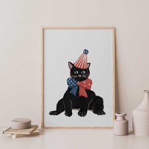Fourth of July Cat Print, 4th of July Decor, Printable Wall Art, Black Cat Art, Red White Blue, Independence Day Wall Art, Patriotic Cat Art