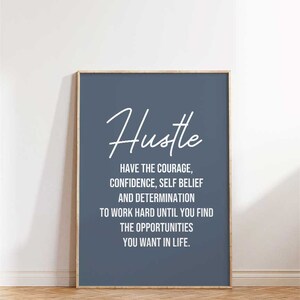 May include: A blue motivational poster with white text that reads "Hustle" and "Have the courage, confidence, self belief and determination to work hard until you find the opportunities you want in life."