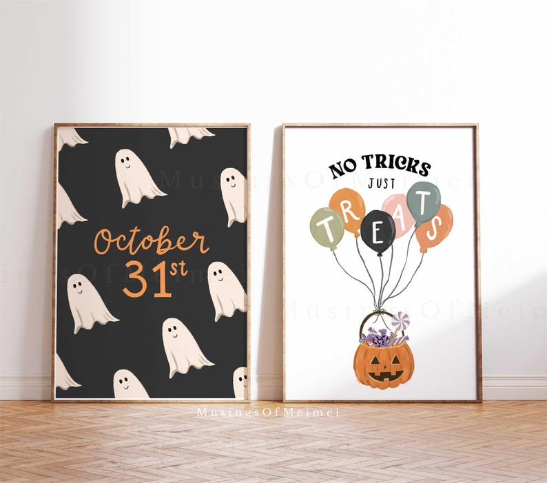 May include: Two printable Halloween signs. The first sign has a black background with white ghosts and the text "October 31st". The second sign has a white background with a pumpkin basket filled with sweets and balloons that spell out "No Tricks Just Treats".