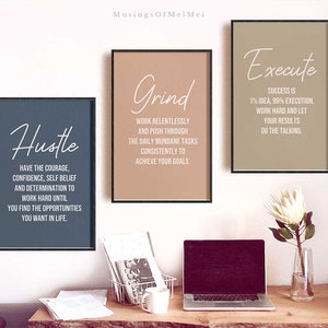 Minimalist Office Decor Wall Art, Set of 3 Inspirational Quote, Home Office Gallery Wall, Hustle Quote Printable Wall Art, Motivational