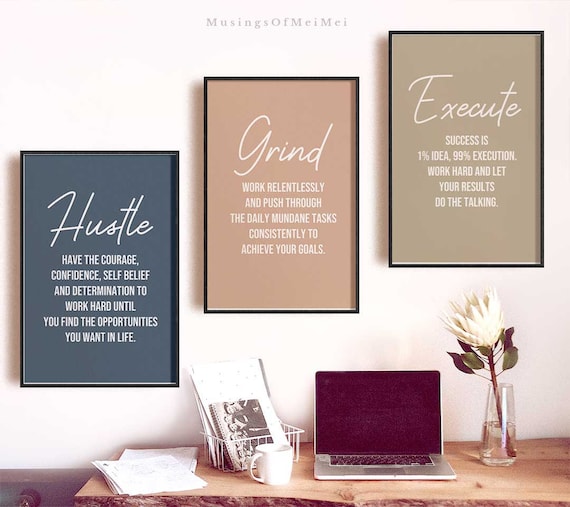 Minimalist Office Decor Wall Art, Set of 3 Inspirational Quote, Home Office Gallery Wall, Hustle Quote Printable Wall Art, Motivational