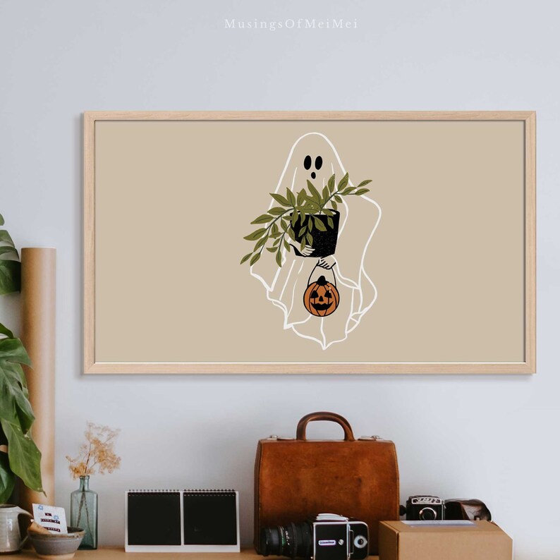 May include: A white ghost holding a potted plant and a small orange pumpkin with a jack-o'-lantern face. The ghost is outlined in white against a beige background.