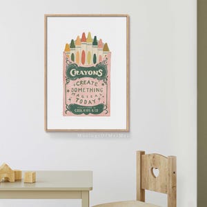 Puede incluir: Una ilustraci&oacute;n de estilo vintage de una caja de crayones con el texto "CRAYONS +CREATE *SOMETHING MAGICAL +TODAY  INSPIRED BY COOL KIDS & CO" en letras verdes sobre un fondo rosa.