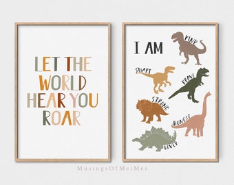 Let the World Hear You Roar, Dinosaur Affirmation Print, Set of 2 Wall Art, Boho Nursery Prints, Classroom Print, Printable Wall Art, Kids