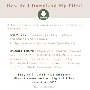May include: A green download arrow icon with the text "How do I Download My Files?" above it.  The text below the icon explains how to download digital files purchased on Etsy.  The text states that Etsy does not support direct download of digital files from the Etsy app.