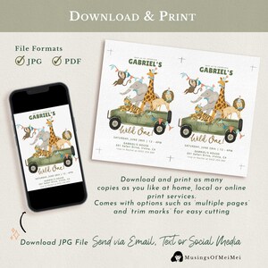May include: A digital birthday invitation template featuring a green safari jeep with a monkey, elephant, giraffe, lion, and tiger wearing party hats. The text reads Gabriel's Wild One, including date, time, and location details. Shown on a smartphone and as a printable sheet with trim marks.