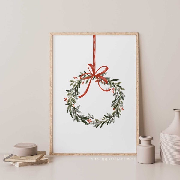 Minimalist Christmas Print, Christmas Wreath Print, Printable Art, Digital Download, Christmas Wall Art, Farmhouse Christmas, Winter Art
