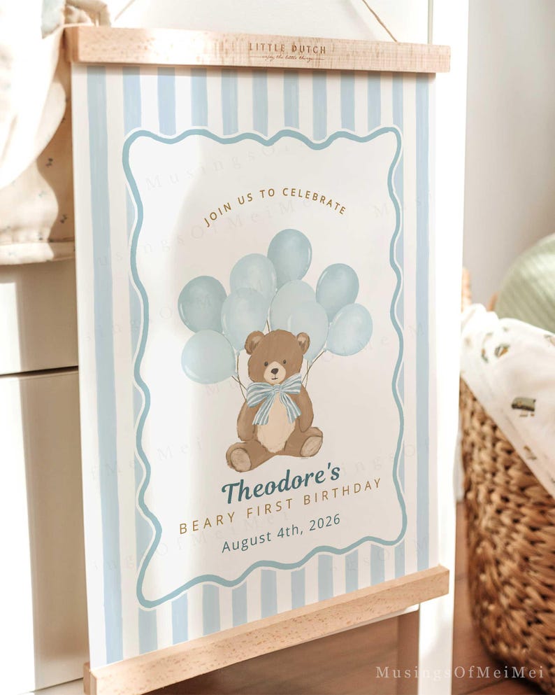 Teddy Bear Editable Welcome Sign, Blue Balloon Boy 1st Birthday Poster ...
