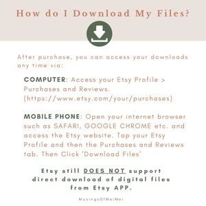 May include: A green download arrow icon with the text "How do I Download My Files?" above it.  The text below the icon explains how to download digital files purchased on Etsy.  The text states that Etsy does not support direct downloads from the Etsy app.