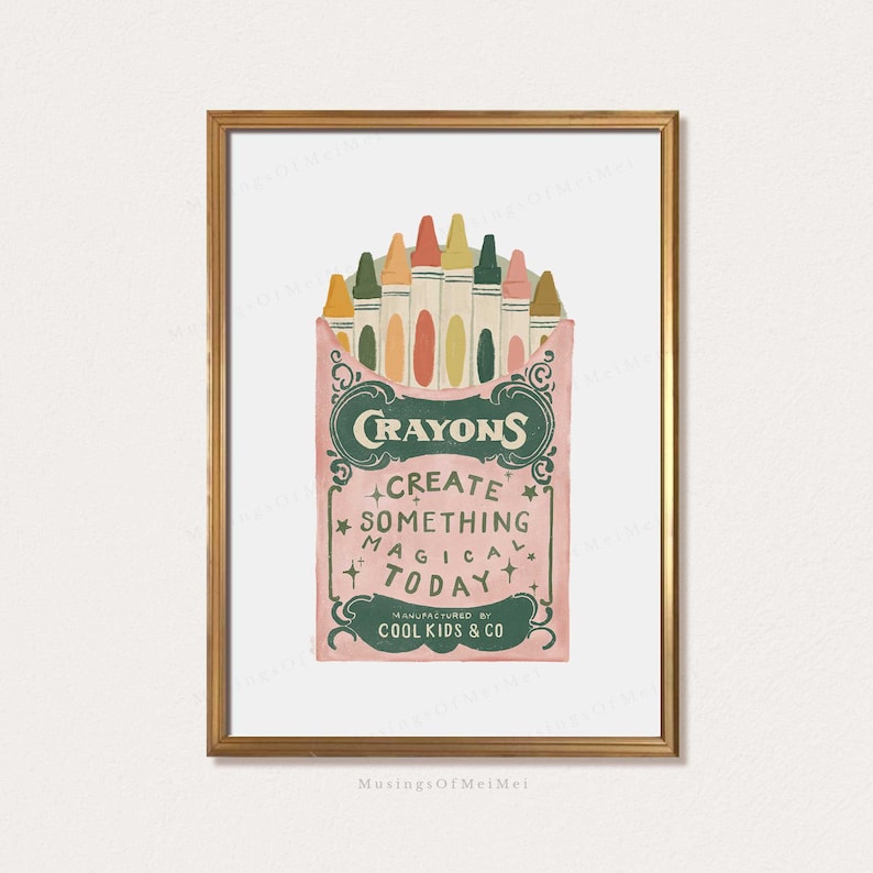 Puede incluir: Una caja de crayones de estilo vintage con fondo rosa y letras verdes. La caja dice "Crayons" y "Crea algo m&aacute;gico hoy" con las palabras "Fabricado por Cool Kids & Co."