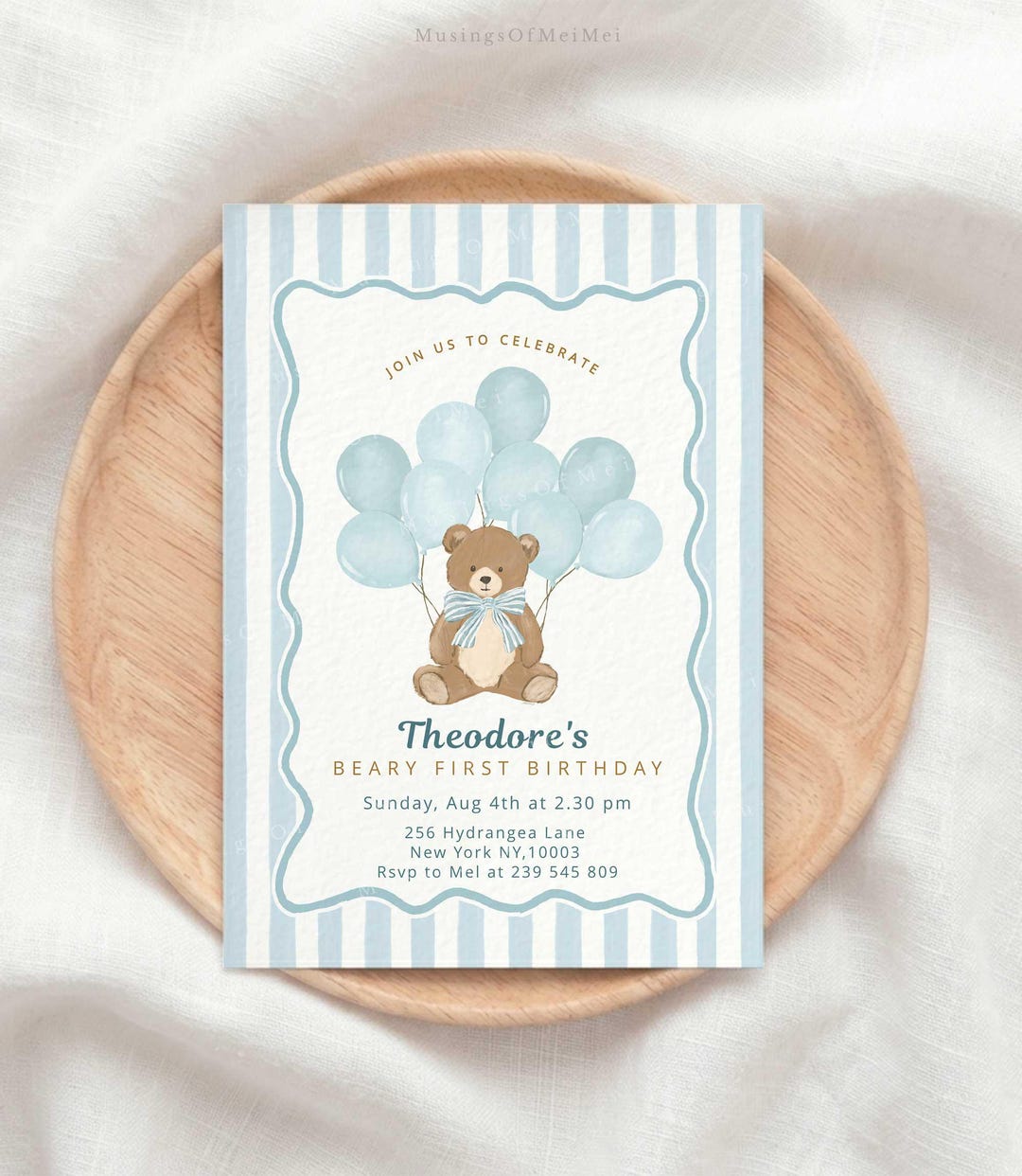Editable Teddy Bear First Birthday Invitation, Blue Balloon Boy 1st ...