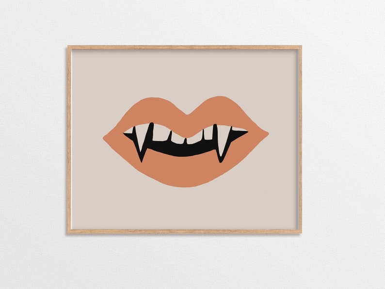 Halloween Fangs Wall Art, Halloween Home Decor, Fall Wall Art, Halloween Art Print, Vintage Halloween Wall Art, Neutral Color, Spooky Cute image 1