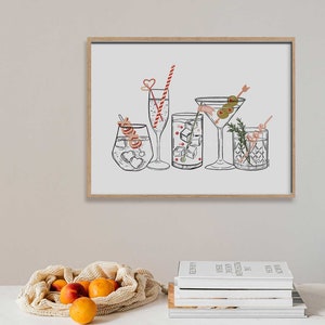 May include: A digital illustration of five different cocktails with various garnishes, including olives, cherries, and citrus. The cocktails are drawn in black and white with red and green accents.