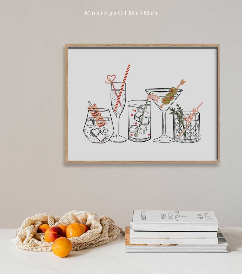 May include: A digital illustration of five different cocktails with various garnishes, including olives, cherries, and citrus. The cocktails are drawn in black and white with red and green accents.