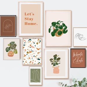 May include: A set of nine printable wall art prints featuring abstract line art, plants, and inspirational quotes. The prints are in a minimalist style with a neutral color palette of brown, green, and white.