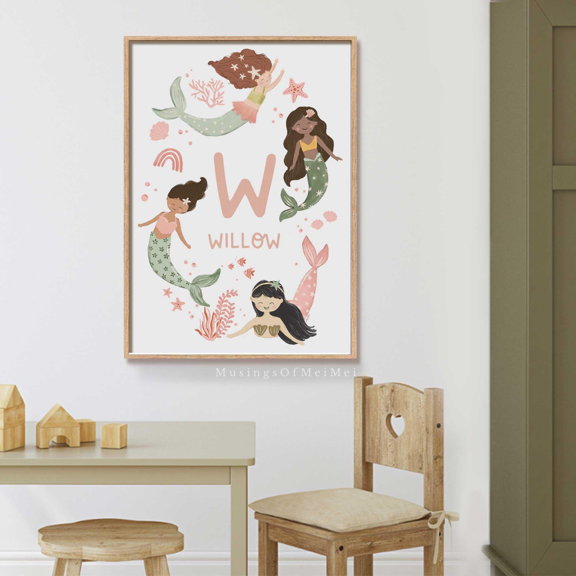 Playful Custom Mermaid Name Print for Little Girl's Room, Under the Sea ...