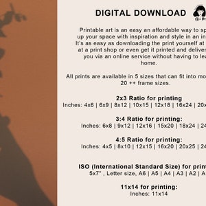 May include: Digital download art print information. Text on a cream background with a shadow of a hand holding a plant. Includes print sizes in inches for 2x3, 3x4, 4x5 ratios, and ISO sizes.