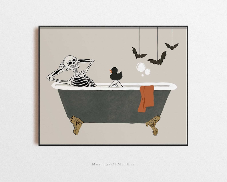 May include: A skeleton is relaxing in a bathtub with a rubber ducky. Bats are hanging from the ceiling. The bathtub is grey with gold feet. The background is a light beige.