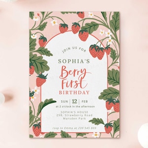 Strawberry Sweet 1st Birthday Girl Invitation, Berry First Birthday Printable Invite, Summer Birthday, Pink Girly Printable Party Invite