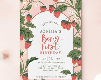 Strawberry Sweet 1st Birthday Girl Invitation, Berry First Birthday Printable Invite, Summer Birthday, Pink Girly Printable Party Invite