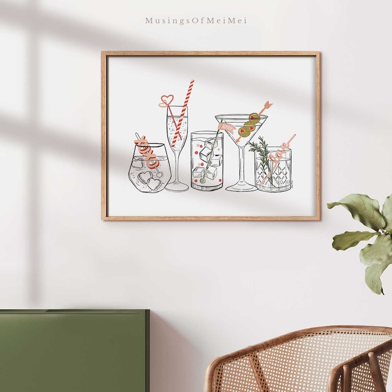 May include: A digital illustration of five different cocktails, including a martini, a champagne flute, a highball glass, a rocks glass, and a coupe glass. Each glass has a unique garnish, such as olives, a cherry, and a sprig of rosemary.