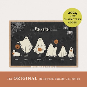 Halloween Family Portrait, Personalized Family Print, Halloween Printable Wall Art, Custom Family Art with Pets, Halloween Ghost Family