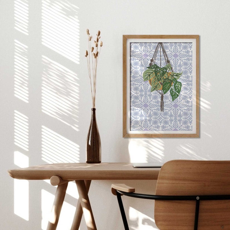 Lisbon Tiles Print, Botanical Plant Art, Plant Poster, Portuguese Wall Tiles, Bathroom Wall Decor, Plant Wall Art, Swiss Cheese Plant Art image 7