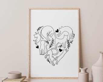 Cat Heart Print, Hearts of Cats Poster, Black and White Printable Wall Art, Cat Lover Gift, Cat Line Print, Cat Mom Gifts, Abstract Cat Art