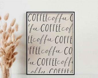 Può includere: Stampa incorniciata in bianco e nero con la parola "caffè" ripetuta in diversi caratteri e dimensioni.