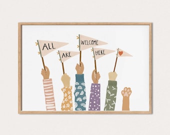 Arte para el aula, arte mural imprimible "Todos son bienvenidos", póster de diversidad, arte infantil, niños inclusivos, educación en casa, arte para sala de juegos, Montessori