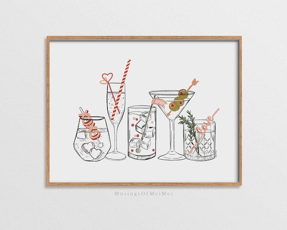 Bar Cart Print, Valentine's Day Cocktail Art, Cute Drinks Wall Art Print, Printable Wall Art, Valentine's Day Print, Happy Hour Drinks Print