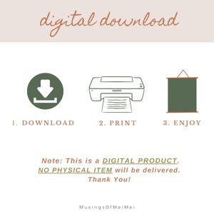 May include: A digital download graphic with three steps: download, print, and enjoy. The graphic features a green download arrow, a black and white printer, and a green poster frame.