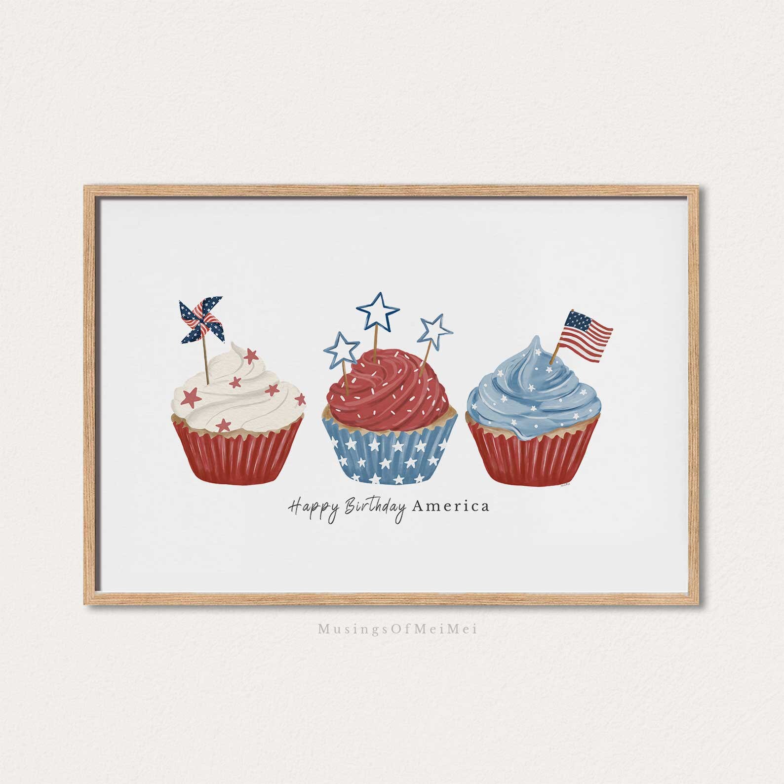 Stampa artistica con cupcake del 4 luglio, stampa rossa, blu e bianca, decorazione da parete estiva, decorazione per il 4 luglio, arte da parete retrò, DOWNLOAD DIGITALE