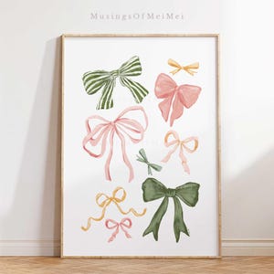 May include: A digital illustration of various bows in pink, green, and yellow. The bows are arranged in a random pattern on a white background.
