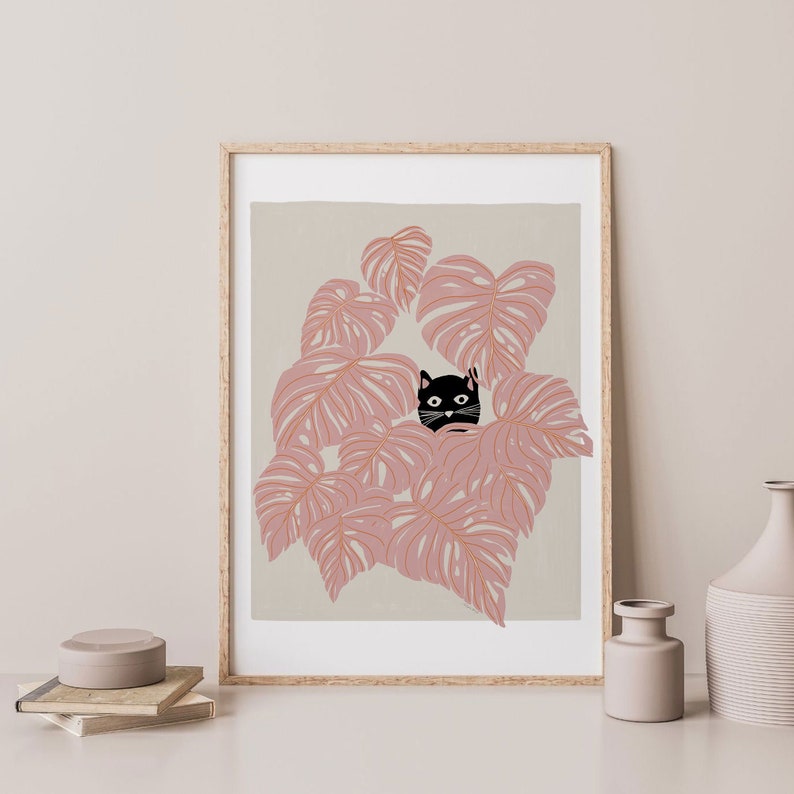 Peekaboo Cat Plant Wall Art, Cat Lover Art, Cat Poster for Cat Moms, Cute Cat Print, Neutral Color Art, Printable Wall Art, Cat Lover Gift image 1