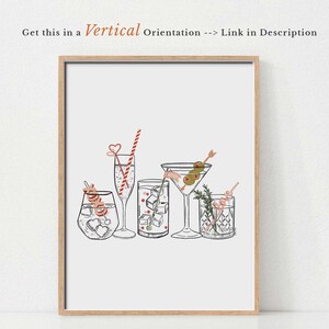May include: A digital illustration of five different cocktails with hearts, olives, and straws. The cocktails are drawn in black and white with red, green, and brown accents.
