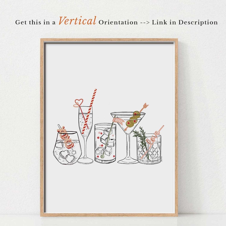 May include: A digital illustration of five different cocktails with hearts, olives, and straws. The cocktails are drawn in black and white with red, green, and brown accents.