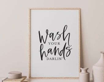 Väggkonst med texten "Tvätta händerna", toalettposter, badrumsskylt, utskrivbar väggkonst, svartvit konst, citattryck, typografiaffisch