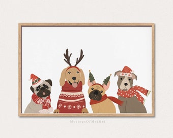 Op de afbeelding: Vier honden in feestelijke kerstkledij. Een golden retriever met rendiergewei en een rode trui, een mops met een kerstmanmuts en een rode sjaal, een Franse bulldog met een groene kerstboomhoed en een rode sjaal, en een grijze hond met een kerstmanmuts en een rode sjaal.
