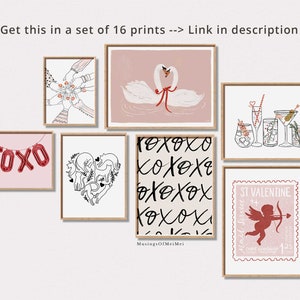May include: Set of 10 Valentine's Day printable art prints featuring illustrations of swans, cocktails, hearts, and a cupid. The prints are in a minimalist style with black outlines and pink accents.