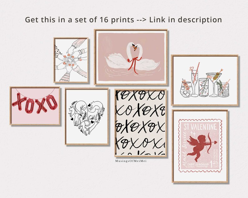 May include: Set of 10 Valentine's Day printable art prints featuring illustrations of swans, cocktails, hearts, and a cupid. The prints are in a minimalist style with black outlines and pink accents.