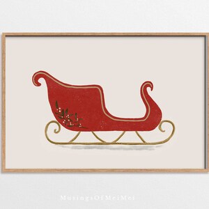 May include: A red sleigh with gold trim and a sprig of holly on the side. The sleigh is on a white background.