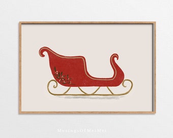 Vintage Red Christmas Sleigh Wall Art Printable, Holiday Home Decor, Instant Download, Rustic Christmas Sleigh Illustration, Festive Decor