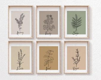 Herb Prints, Kitchen Wall Art, Gallery Wall Set of 6, Printable Wall Art, Boho Kitchen Decor, Kitchen Print Set, Botanical Art, Dining Decor