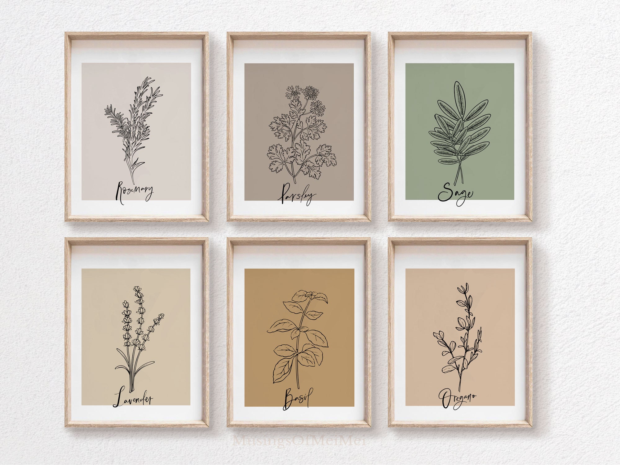 Herb Prints, Kitchen Wall Art, Gallery Wall Set of 6, Printable Wall ...
