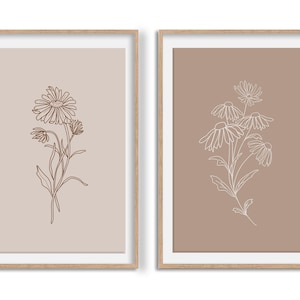 Flower Art Print, Set of 2 Gallery Wall Set, Floral Printable Wall Art, Digital Download Art, Daisy Line Art, Neutral Wall Poster
