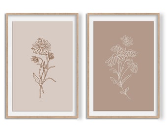 Flower Art Print, Set of 2 Gallery Wall Set, Floral Printable Wall Art, Digital Download Art, Daisy Line Art, Neutral Wall Poster