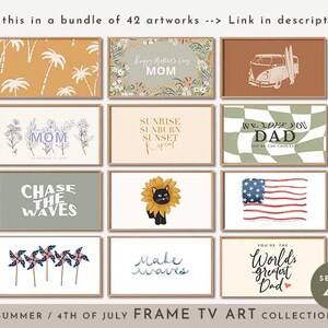 May include: A set of 42 digital printable wall art prints in a summer and 4th of July theme. The prints feature various designs including palm trees, a vintage van, a black cat in a sunflower, an American flag, and text-based designs with phrases like "Chase the Waves" and "You're the World's Greatest Dad".