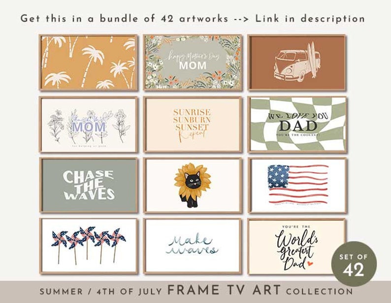 May include: A set of 42 digital printable wall art prints in a summer and 4th of July theme. The prints feature various designs including palm trees, a vintage van, a black cat in a sunflower, an American flag, and text-based designs with phrases like "Chase the Waves" and "You're the World's Greatest Dad".